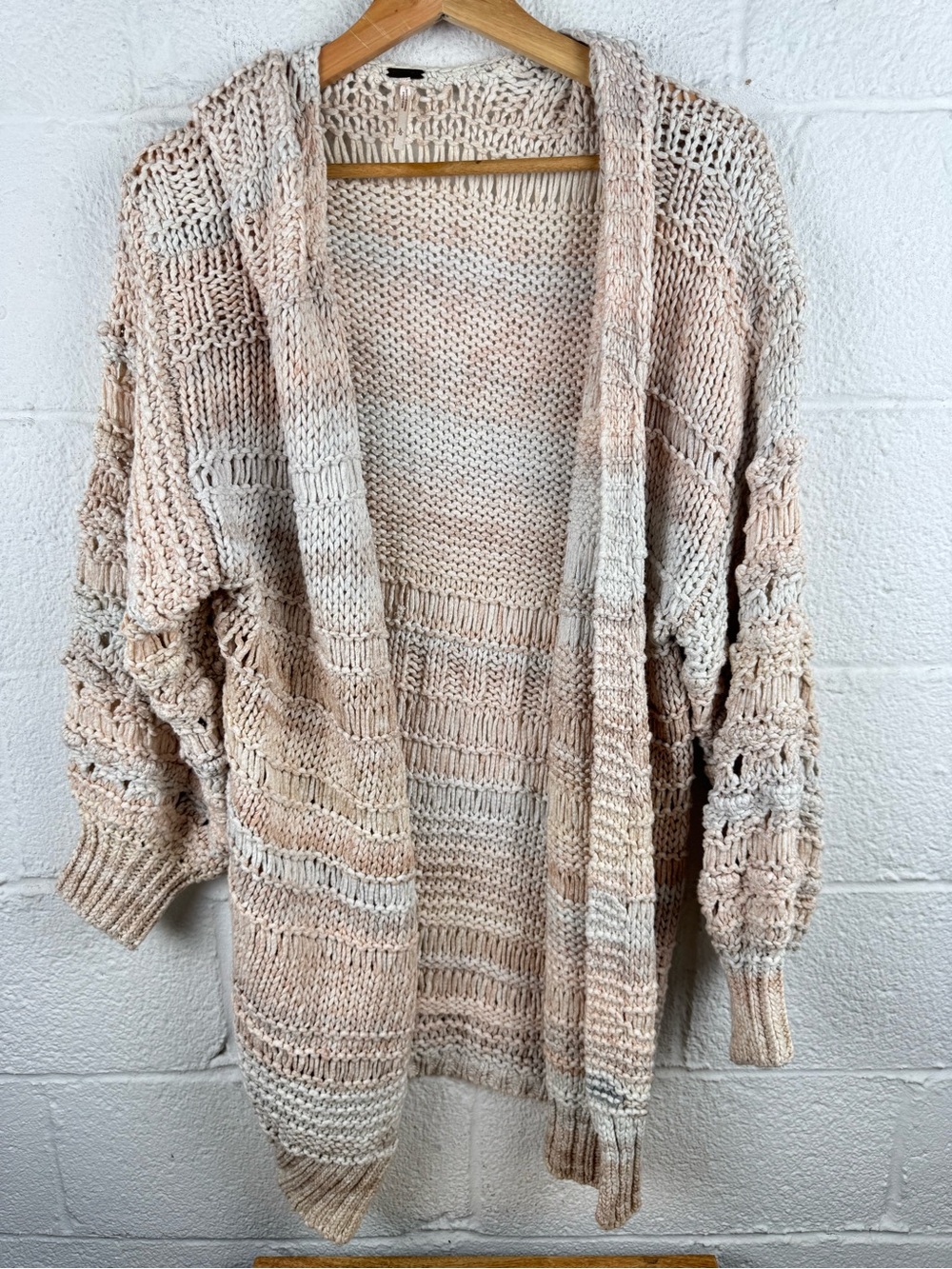 Free People L Oversized Open Knit Crochet Cotton Cardigan Blush Ivory Boho